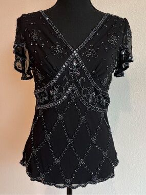 Black Beaded Silk Top with Rhinestone Detailing